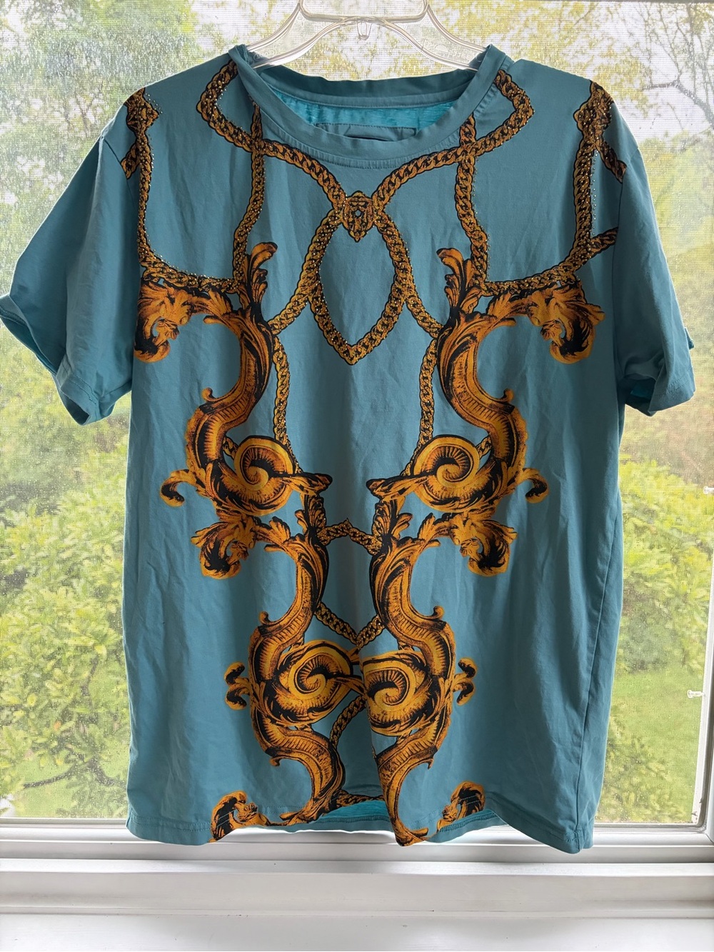 Platini Blue Gold Baroque Print Graphic Short Sleeve T-Shirt Men’s Size Large L